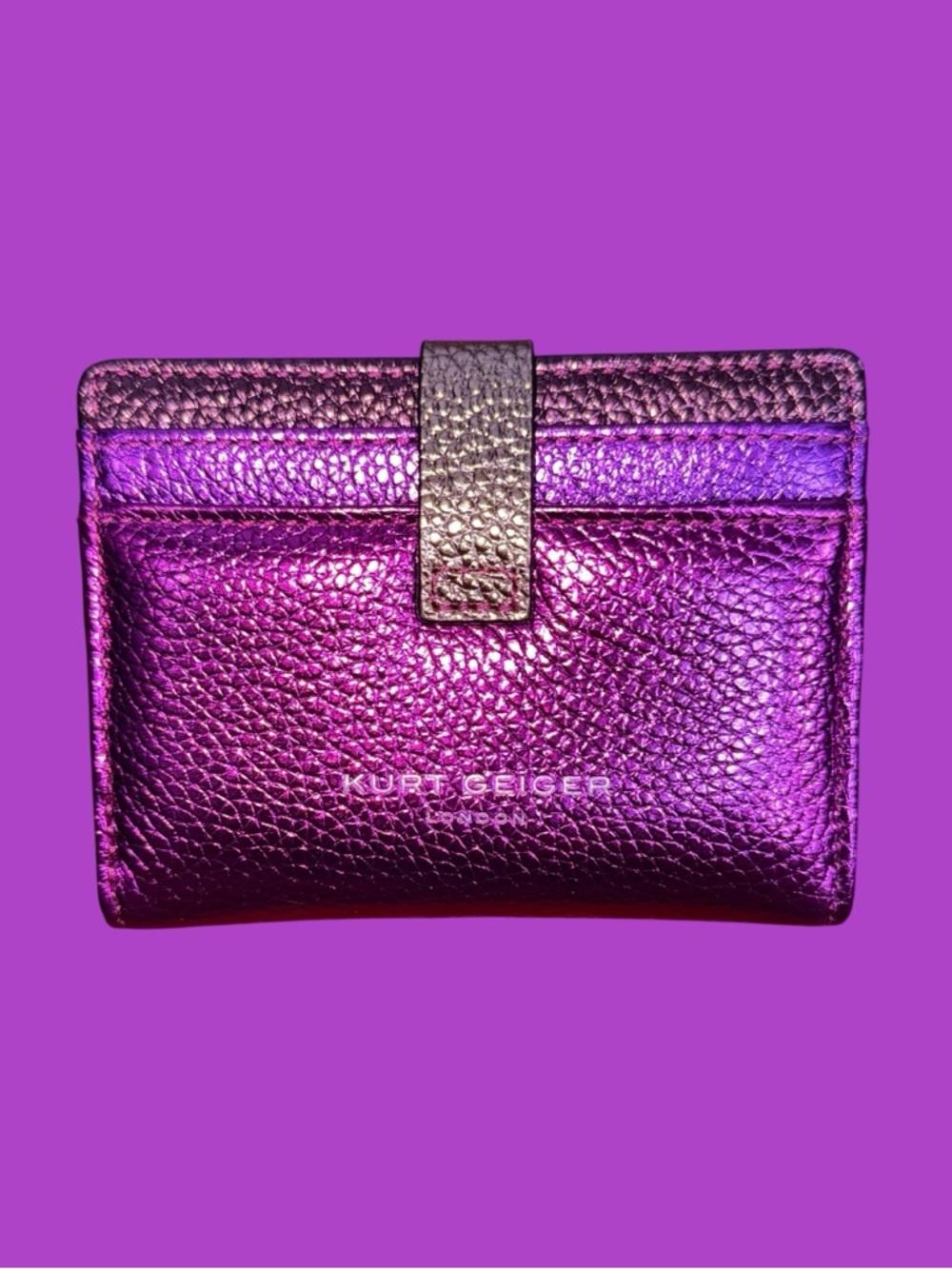 Kurt Geiger Metallic Fuchsia Leather Card Wallet with Gold Strap - Picture 3 of 15